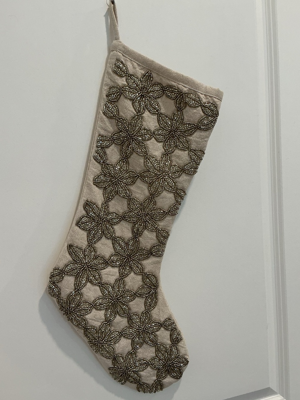 Floral Beaded Silver Christmas Stocking